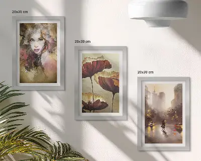 Tríptico com moldura retrato abstrato de uma mulher com flores e cidade sob a chuva