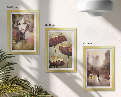 Tríptico com moldura retrato abstrato de uma mulher com flores e cidade sob a chuva