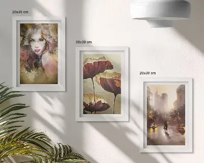 Tríptico com moldura retrato abstrato de uma mulher com flores e cidade sob a chuva