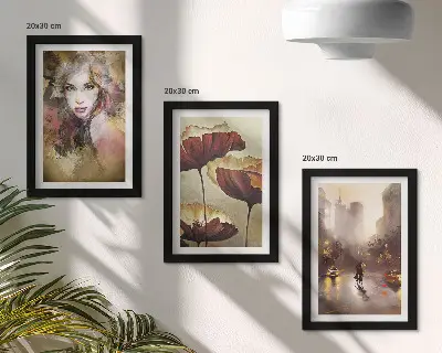 Tríptico com moldura retrato abstrato de uma mulher com flores e cidade sob a chuva
