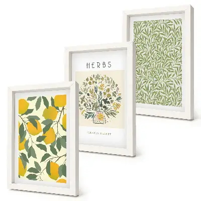 Conjunto de quadros decorativos com motivos de limão, ervas e folhas