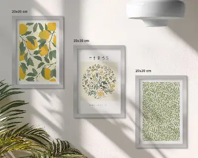 Conjunto de quadros decorativos com motivos de limão, ervas e folhas