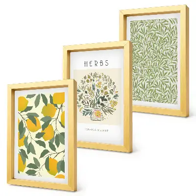 Conjunto de quadros decorativos com motivos de limão, ervas e folhas