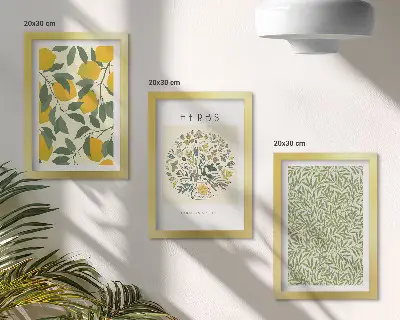 Conjunto de quadros decorativos com motivos de limão, ervas e folhas