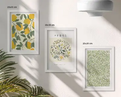 Conjunto de quadros decorativos com motivos de limão, ervas e folhas
