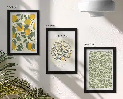 Conjunto de quadros decorativos com motivos de limão, ervas e folhas