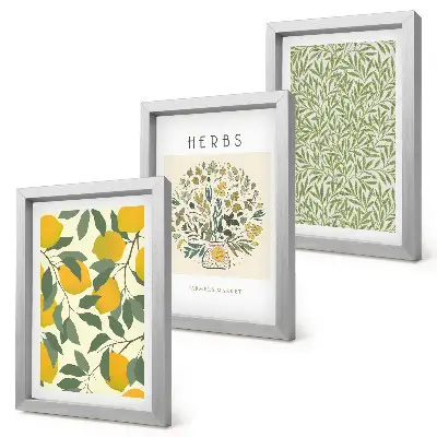 Conjunto de quadros decorativos com motivos de limão, ervas e folhas