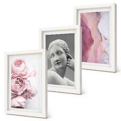 Conjunto de 3 quadros decorativos Escultura abstrata de uma mulher com peônias românticas