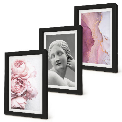 Conjunto de 3 quadros decorativos Escultura abstrata de uma mulher com peônias românticas