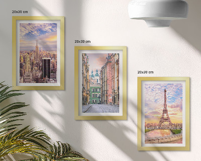Conjunto de molduras com imagens Vista das cidades de Nova Iorque, Paris e Varsóvia ao entardecer.
