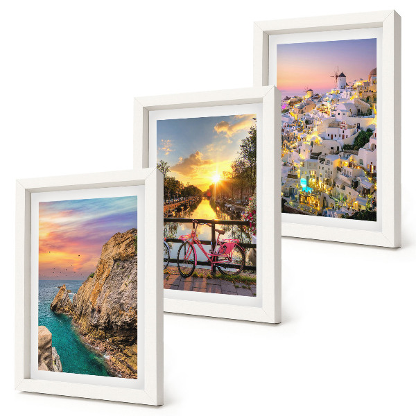Tríptico com moldura Vista para o mar com pôr do sol e para a cidade.