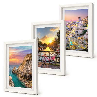 Tríptico com moldura Vista para o mar com pôr do sol e para a cidade.