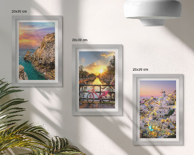Tríptico com moldura Vista para o mar com pôr do sol e para a cidade.
