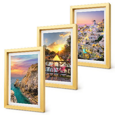 Tríptico com moldura Vista para o mar com pôr do sol e para a cidade.