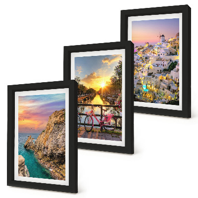 Tríptico com moldura Vista para o mar com pôr do sol e para a cidade.