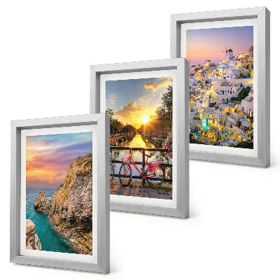 Tríptico com moldura Vista para o mar com pôr do sol e para a cidade.