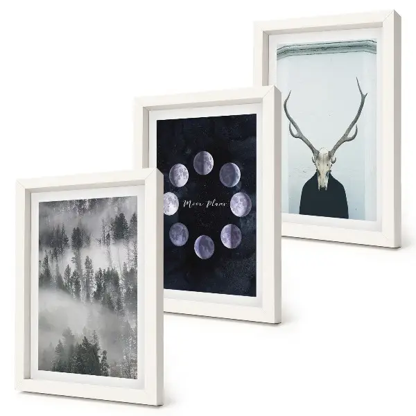 Conjunto de 3 quadros decorativos com estampa de paisagem florestal na neblina fases da lua e crânio de veado