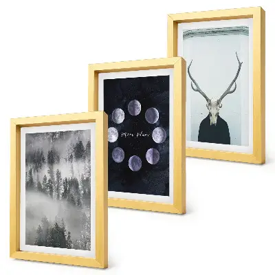 Conjunto de 3 quadros decorativos com estampa de paisagem florestal na neblina fases da lua e crânio de veado