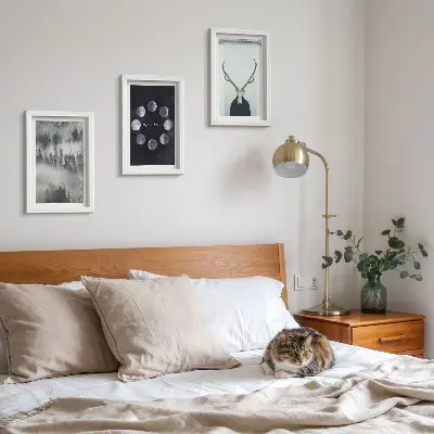 Conjunto de 3 quadros decorativos com estampa de paisagem florestal na neblina fases da lua e crânio de veado