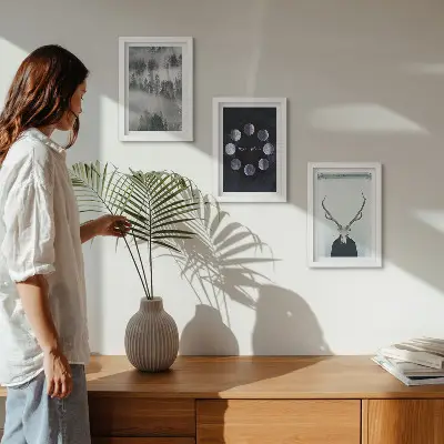 Conjunto de 3 quadros decorativos com estampa de paisagem florestal na neblina fases da lua e crânio de veado