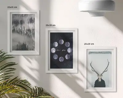 Conjunto de 3 quadros decorativos com estampa de paisagem florestal na neblina fases da lua e crânio de veado