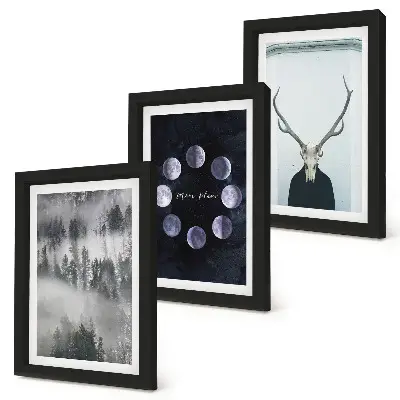 Conjunto de 3 quadros decorativos com estampa de paisagem florestal na neblina fases da lua e crânio de veado