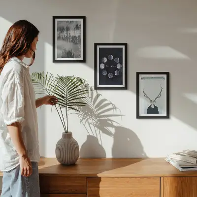 Conjunto de 3 quadros decorativos com estampa de paisagem florestal na neblina fases da lua e crânio de veado