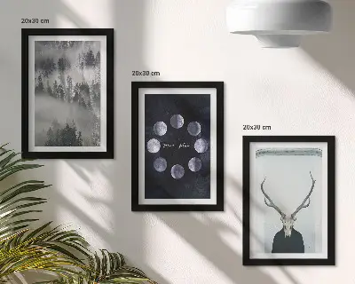 Conjunto de 3 quadros decorativos com estampa de paisagem florestal na neblina fases da lua e crânio de veado
