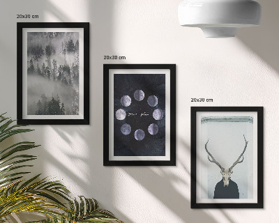 Conjunto de 3 quadros decorativos Paisagem florestal na neblina, fases da lua, crânio de veado