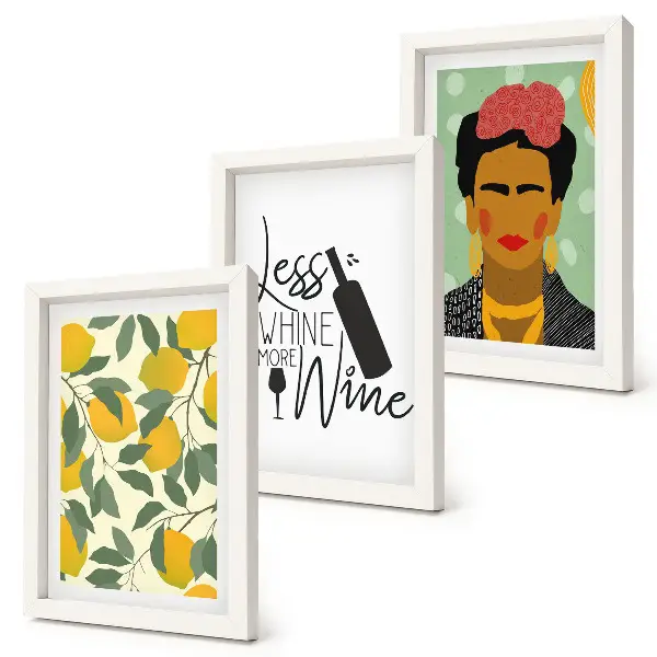 Conjunto de quadros com imagens retrato de Frida Kahlo em garrafa de vinho com limões