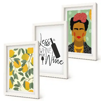 Conjunto de quadros com imagens retrato de Frida Kahlo em garrafa de vinho com limões