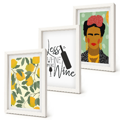 Conjunto de molduras com imagens Retrato de Frida Kahlo em uma garrafa de vinho com limões