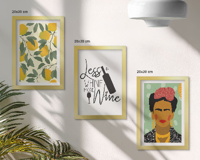 Conjunto de molduras com imagens Retrato de Frida Kahlo em uma garrafa de vinho com limões