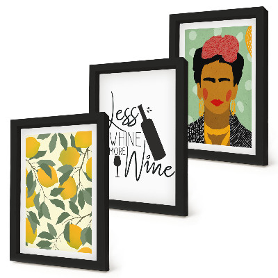Conjunto de molduras com imagens Retrato de Frida Kahlo em uma garrafa de vinho com limões