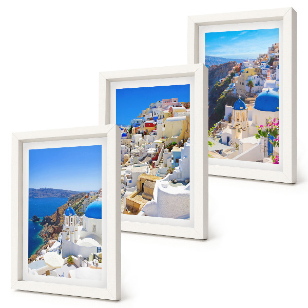 Conjunto de molduras com imagens Vistas da arquitetura paisagística da cidade de Oia, em Santorini, Grécia.
