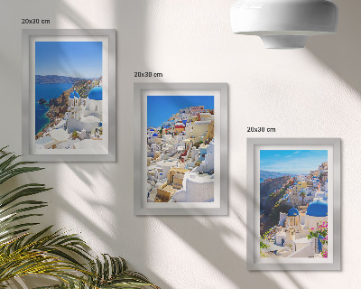 Conjunto de molduras com imagens Vistas da arquitetura paisagística da cidade de Oia, em Santorini, Grécia.