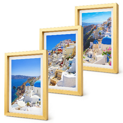 Conjunto de molduras com imagens Vistas da arquitetura paisagística da cidade de Oia, em Santorini, Grécia.