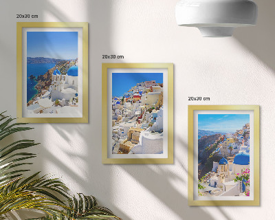 Conjunto de molduras com imagens Vistas da arquitetura paisagística da cidade de Oia, em Santorini, Grécia.