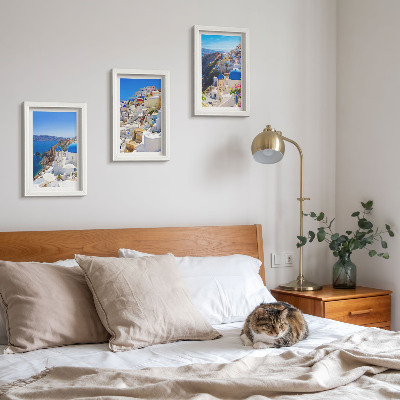 Conjunto de molduras com imagens Vistas da arquitetura paisagística da cidade de Oia, em Santorini, Grécia.