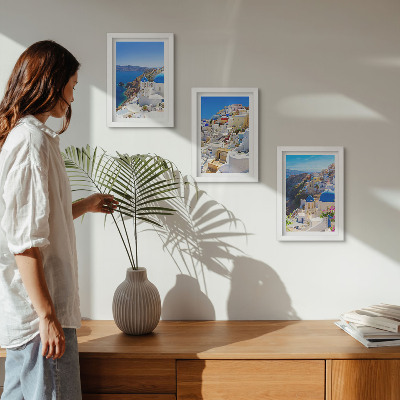 Conjunto de molduras com imagens Vistas da arquitetura paisagística da cidade de Oia, em Santorini, Grécia.