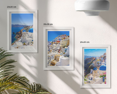 Conjunto de molduras com imagens Vistas da arquitetura paisagística da cidade de Oia, em Santorini, Grécia.