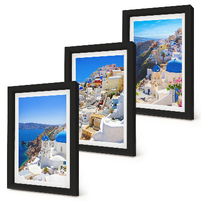 Conjunto de molduras com imagens Vistas da arquitetura paisagística da cidade de Oia, em Santorini, Grécia.