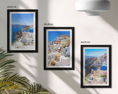 Conjunto de molduras com imagens Vistas da arquitetura paisagística da cidade de Oia, em Santorini, Grécia.