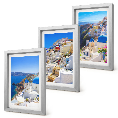 Conjunto de molduras com imagens Vistas da arquitetura paisagística da cidade de Oia, em Santorini, Grécia.