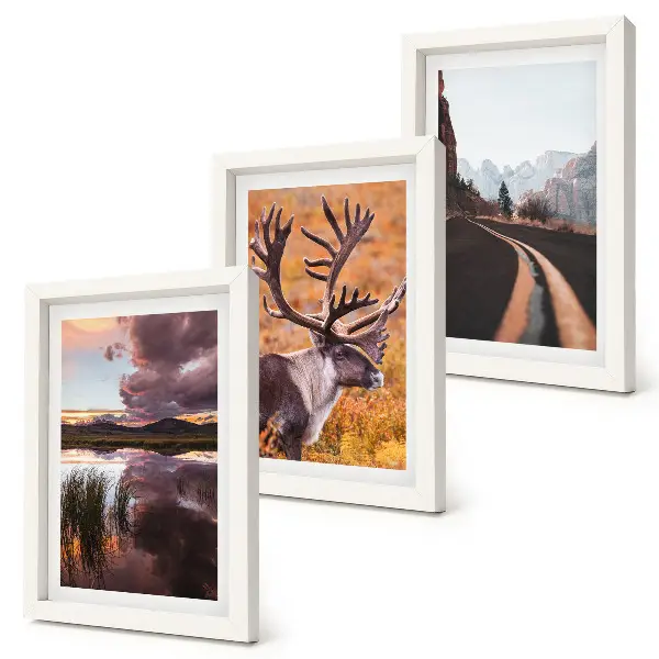 Conjunto de 3 quadros decorativos com paisagem de montanhas, renas e estrada na natureza