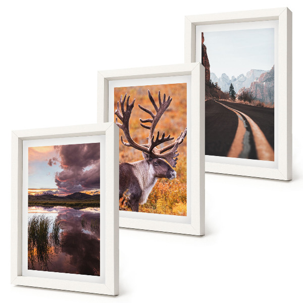 Conjunto de 3 quadros decorativos Paisagens montanhosas com renas e uma estrada na natureza.