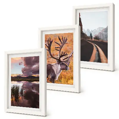 Conjunto de 3 quadros decorativos com paisagem de montanhas, renas e estrada na natureza
