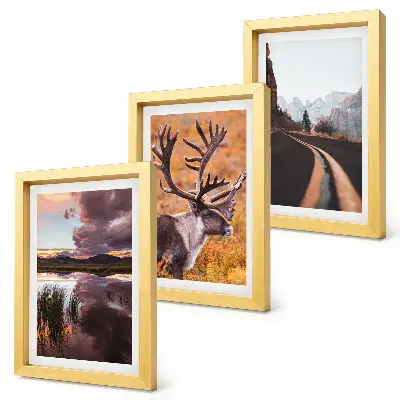 Conjunto de 3 quadros decorativos com paisagem de montanhas, renas e estrada na natureza