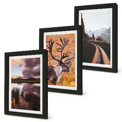 Conjunto de 3 quadros decorativos com paisagem de montanhas, renas e estrada na natureza
