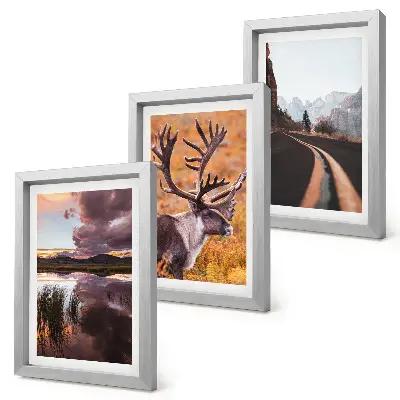Conjunto de 3 quadros decorativos com paisagem de montanhas, renas e estrada na natureza